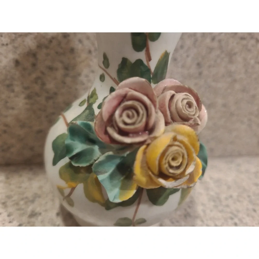 Bud Vase 3D Rose applique Flowers ITALY hand painted Fine Porcelain Antique Rare